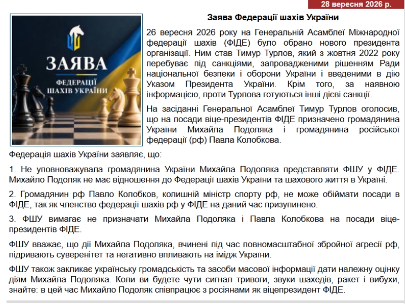Скандал у FIDE: шахісти Херсонщини звернулися до Зеленського